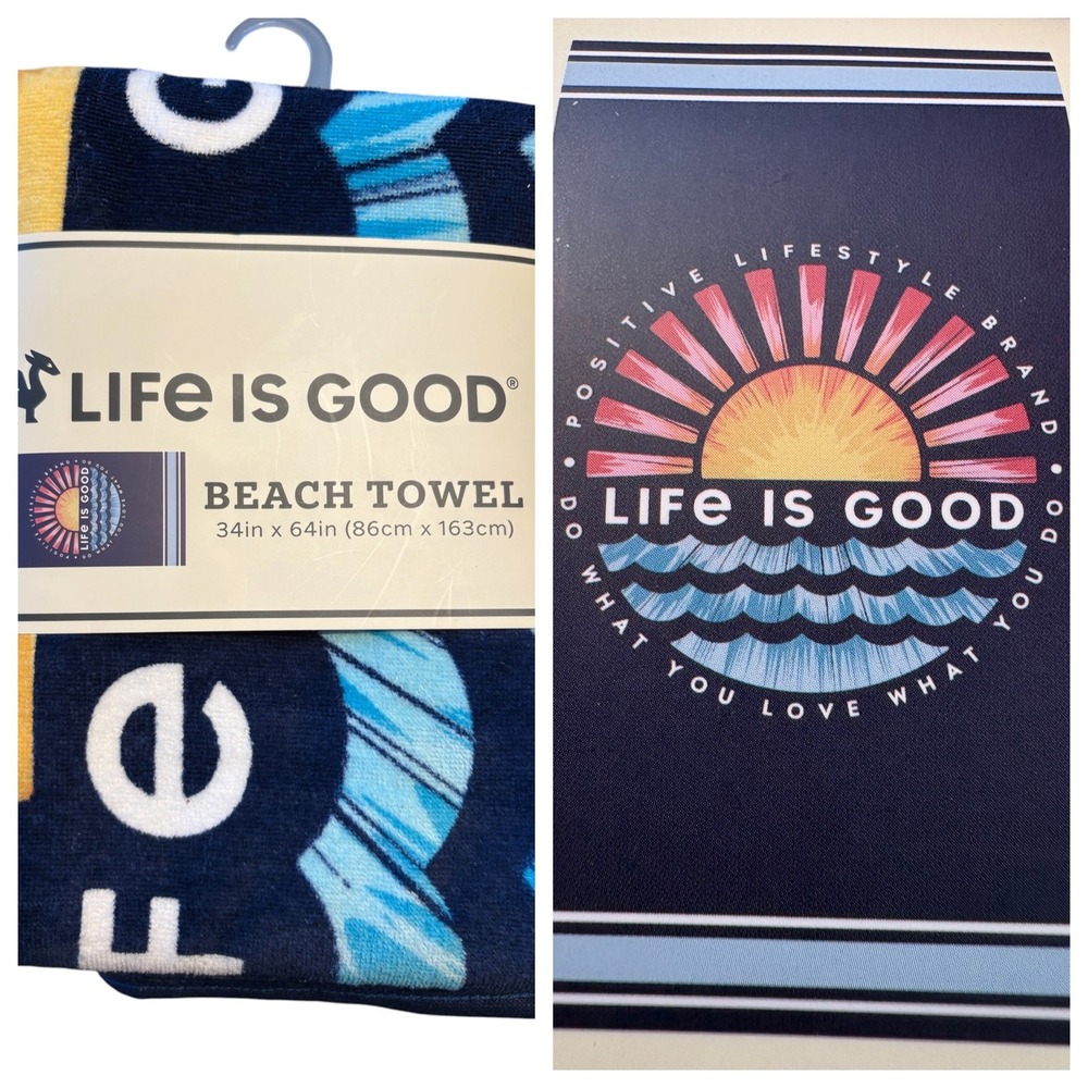 Life is Good Beach Towel Unisex Sun Waves Cotton Graphic Print 34x64 Navy Blue